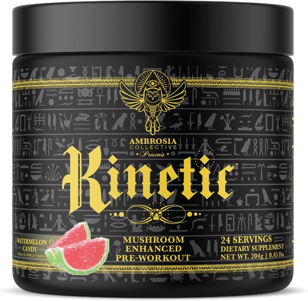 Ambrosia Kinetic Organic Preworkout, Supplément de pré-entraînement naturel de champignons amélioré, Poudre Nootropique Superfood pour l'énergie (Watermelon Candy)