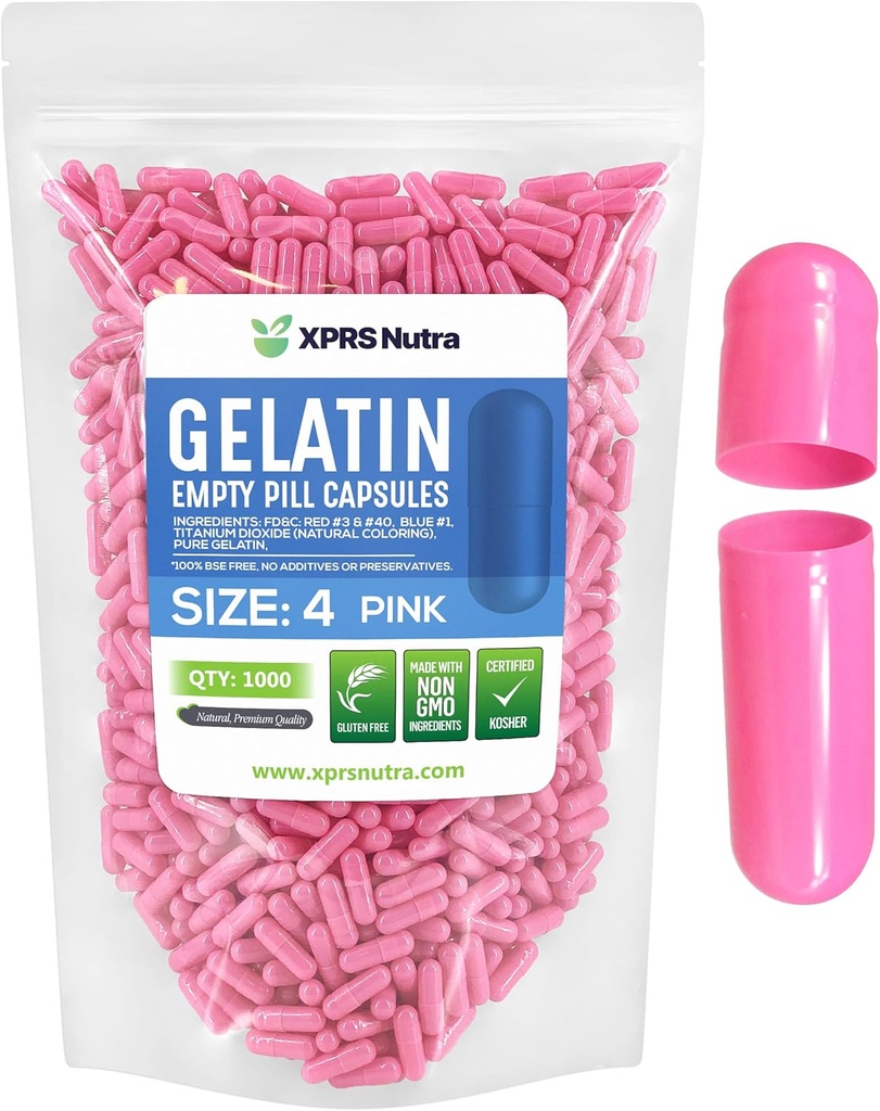 XPRS Nutra Taille 4 Capsules vides - 1000 Compter les petites capsules de gélatine vide - Pills Bricolage Capsule Remplissage - Remplir les capsules de gel de pilules pures pour Do-It-Youlf Suppléments (Pink)