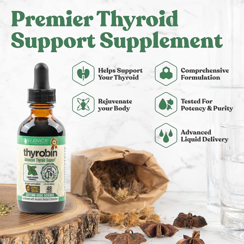 Thyrobin - Supplément de support thyroïdien avancé - Livraison liquide pour une meilleure absorption - Iodine, Sting Nettle, Kelp, Astragalus, Ashwagandha & More!