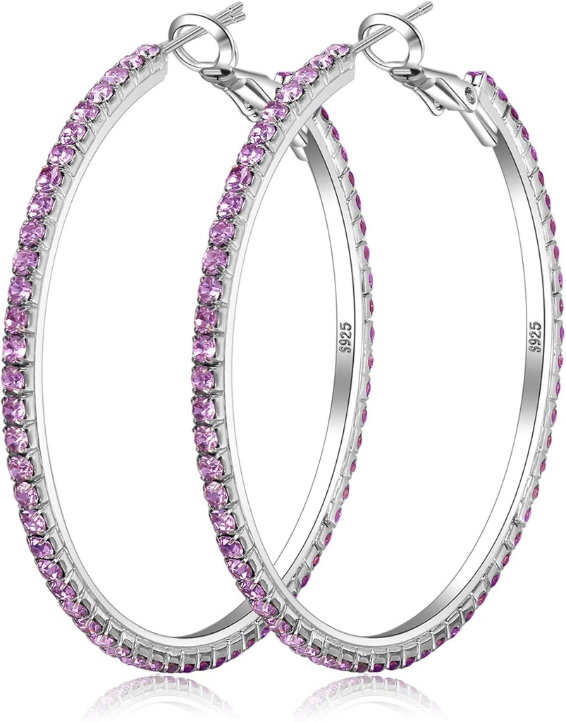 925 Boucles d'oreilles en Argent Sterling Grandes boucles d'oreilles en strass Boucles d'oreilles en strass Big Cubic Zirconia Boucles d'oreilles en strass mince Boucles d'oreilles en strass rond pour femmes 20/30/40/50/60/70mm Sparkly Hoops avec des cristaux pour les femmes