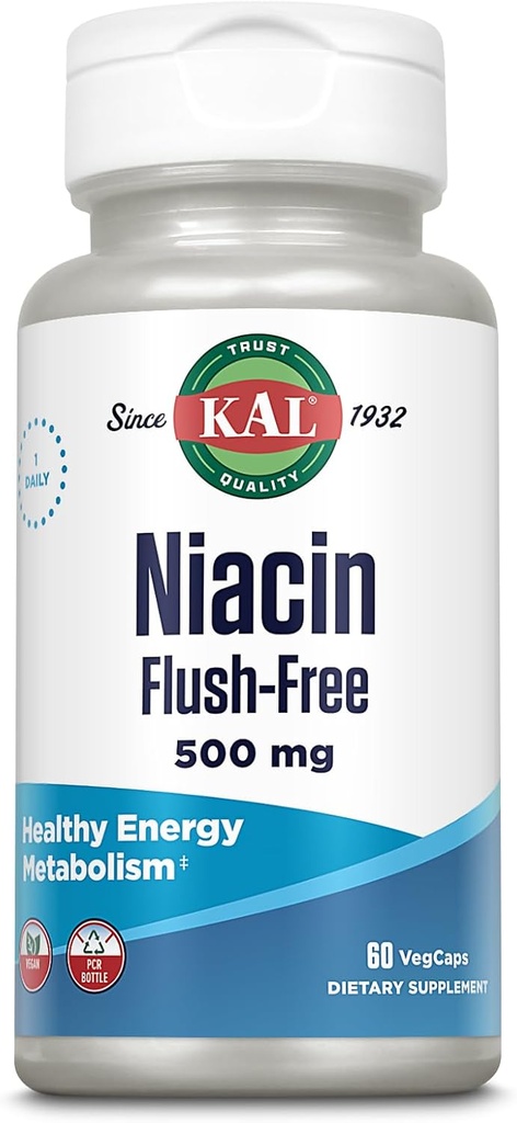 KAL Niacine 500mg Sans flush - Supplément Vitamine B3 - Soutien au métabolisme et à l'énergie - Soutien à la peau, au nerf, à la santé digestive et à la circulation - Vitamine végétalienne, garantie de 60 jours, 60 portions, 60 VegCaps