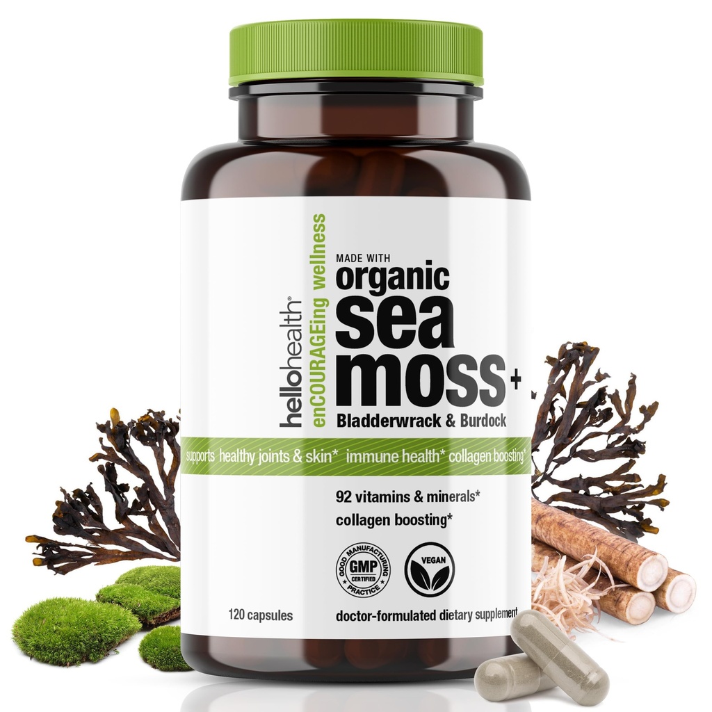 Bio Irish Sea Moss Capsules: Wildcrafted Sea Moss, Burdock Root & Bladderwrack Prébiotique Super Food pour le soutien immunitaire, Thyroïde Support, Énergie naturelle, -120 Caps