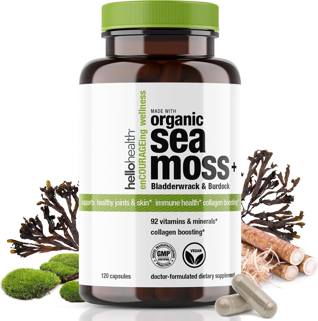 Bio Irish Sea Moss Capsules: Wildcrafted Sea Moss, Burdock Root & Bladderwrack Prébiotique Super Food pour le soutien immunitaire, Thyroïde Support, Énergie naturelle, -120 Caps