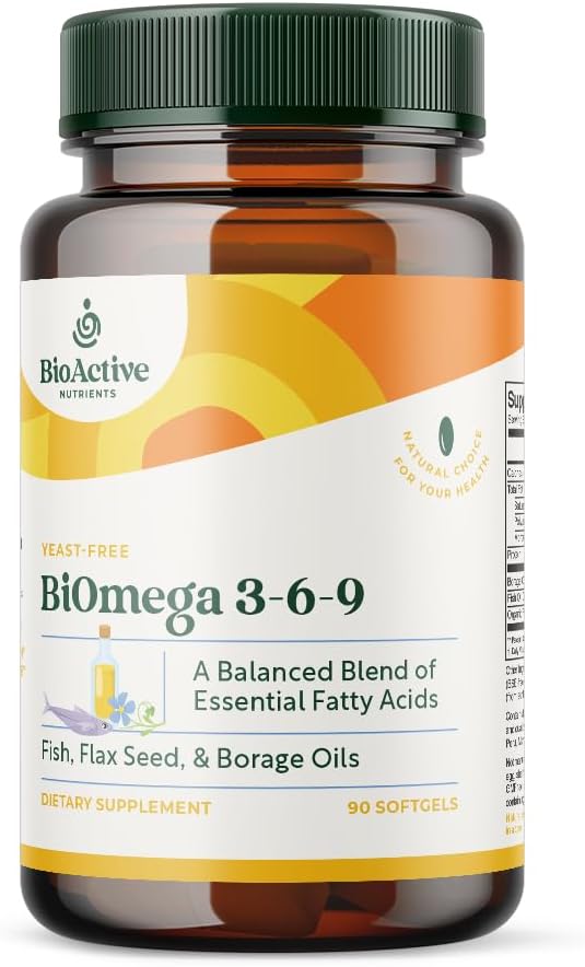 NUTRIENTS BIOACTIFS BiOmega 3-6-9 Supplément softgels pour les femmes et les hommes - Omega 3 6 9 - Complexe des meilleurs suppléments de poisson, d'huile de lin et d'huile de borage - 1200mg - 90 Softgels