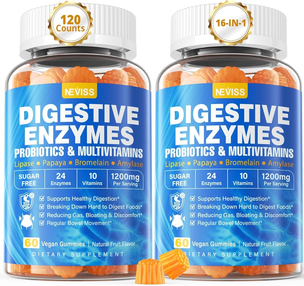 Enzymes digestifs avec des gommes probiotiques, des multivitamines, du calcium, du magnésium - Toutes les 24 enzymes essentielles à croquer - Papaya, Lipase, Amylase, Bromelain - Découper les glucides, protéines, graisses, 2Packs