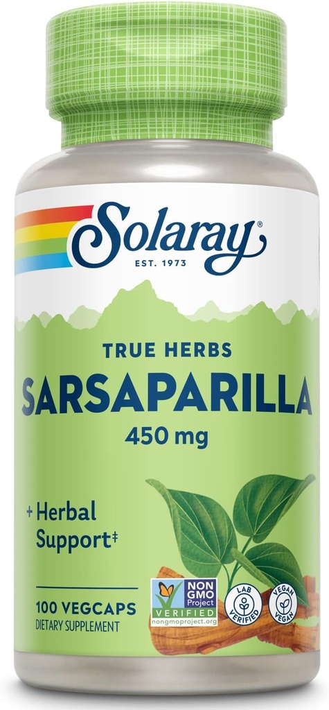SOLARAY Sarsaparilla Root 450 mg - Soutien traditionnel à base de plantes - Non-OGM, végétalien, laboratoire vérifié - Garantie de remboursement de 60 jours - 100 portions, 100 VegCaps