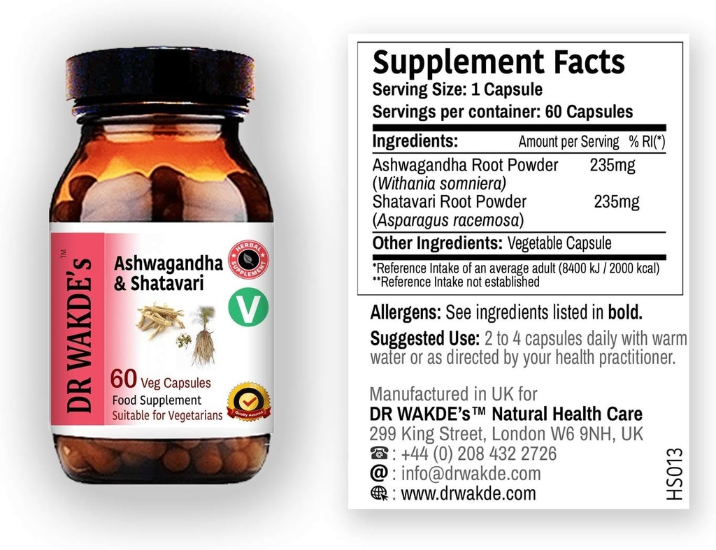 DR WAKDE's Ashwagandha & Shatavari Capsules (60 Veg Caps, Herbes rajeunissantes, Soutien énergétique, Supplément ayurvédique, Vegan, Herbal, Tout naturel, Fabriqué au Royaume-Uni)