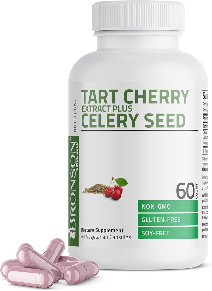 Bronson Tart Cherry Extract + Celery Seed Capsules - Powerful Uric Acid Cleanse, Joint Mobility Support & Muscle Recovery Supplément - Formule non-OGM - 60 capsules végétariennes