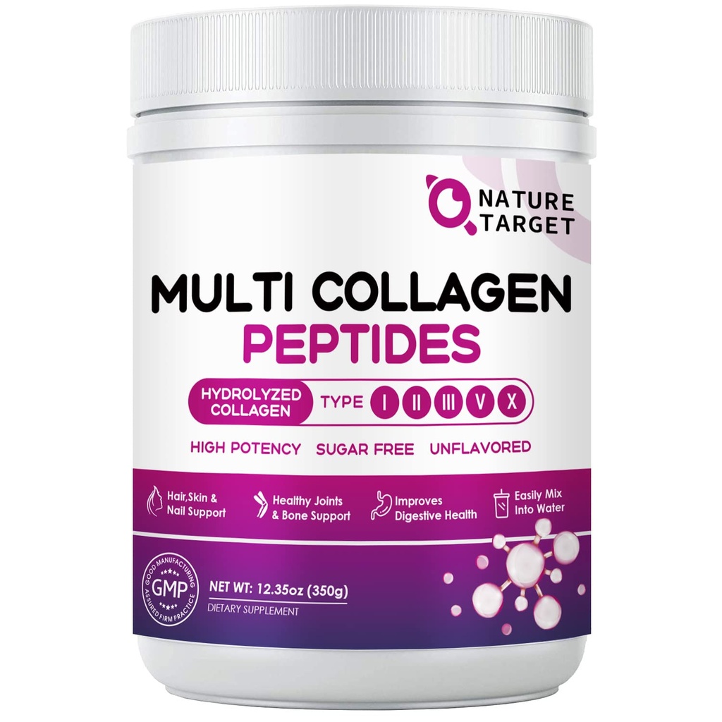 NATURE TARGET Multi collagène Peptides Poudre - Type I, II, III, V, X - Peptides de collagène hydrolysés à l'acide hyaluronique vitamine C, supporte les ongles et articulations de cheveux de peau, gazon, non OGM, 35 portions