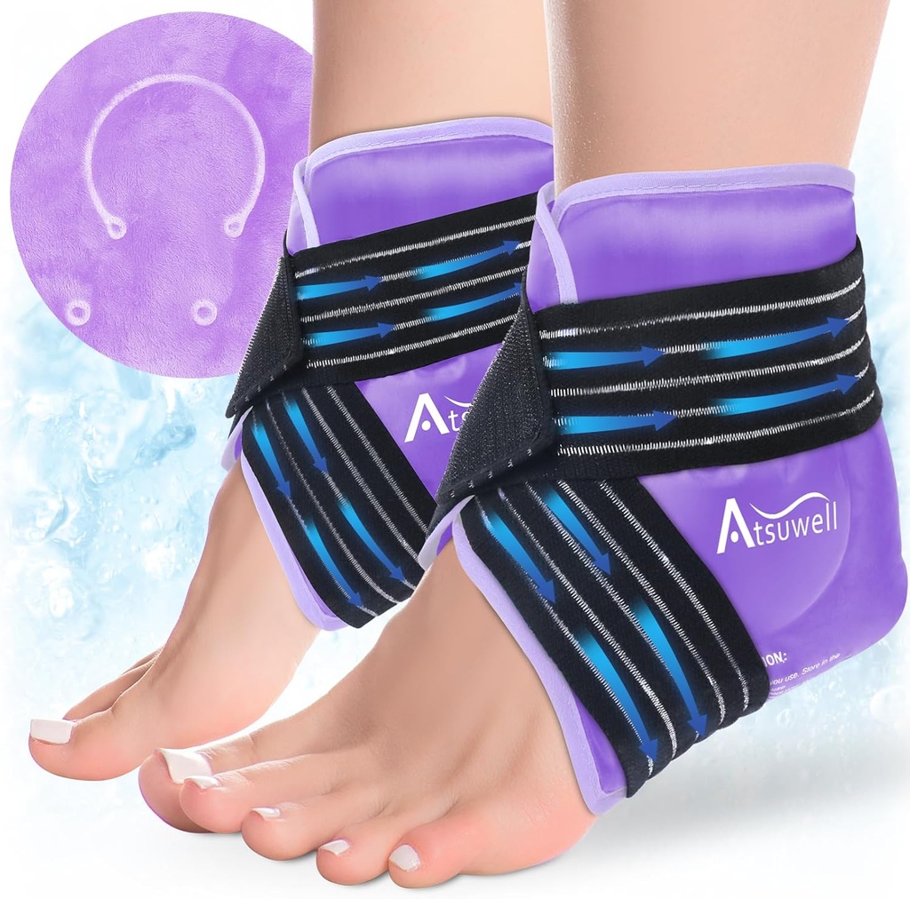 Atsuwell Ankle Ice Pack Wrap 2 Packs, Ankle Ice Wraps Flexible Gel Cold Pack for Foot Heel, Cold Compress Therapy for Soothing Discomfort, Purple