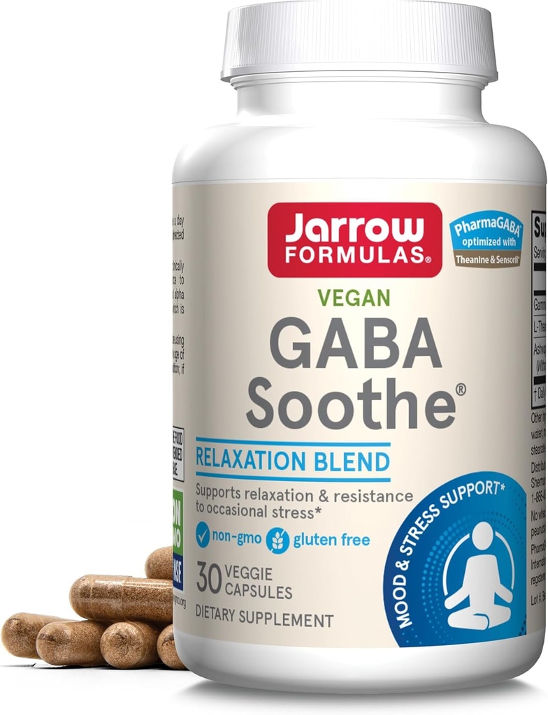 Formules de Jarrow GABA Soothe - 30 Caps Veggie - Supporte Focus, Relaxation & Résistance au Stress - avec Theanine & Ashwagandha Extract - 30 portions