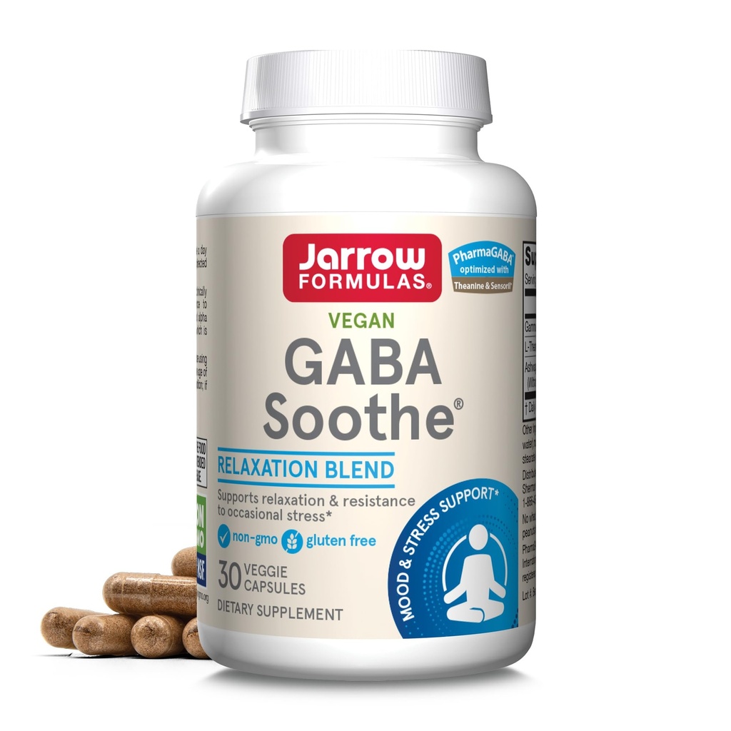 Jarrow Formulas® GABA Soothe®, supplément alimentaire 3 ingrédients pour la relaxation et le stress occasionnel, 30 capsules de légumes, 30 jours d'approvisionnement