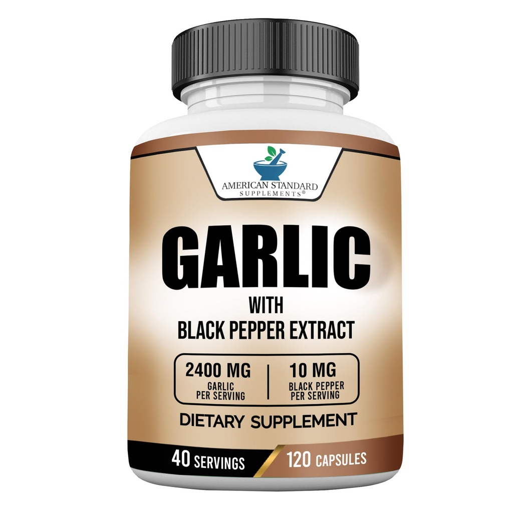 American Standard Suppléments Ail 2400mg par portion avec extrait de fruits de poivre noir – végétalien, sans gluten, sans OGM, 120 capsules, 40 portions