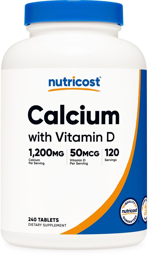 Calcium Nutricost avec vitamine D, 240 comprimés - Calcium (1200mg) Vitamine D (50mcg) par portion - Non-OGM, sans gluten