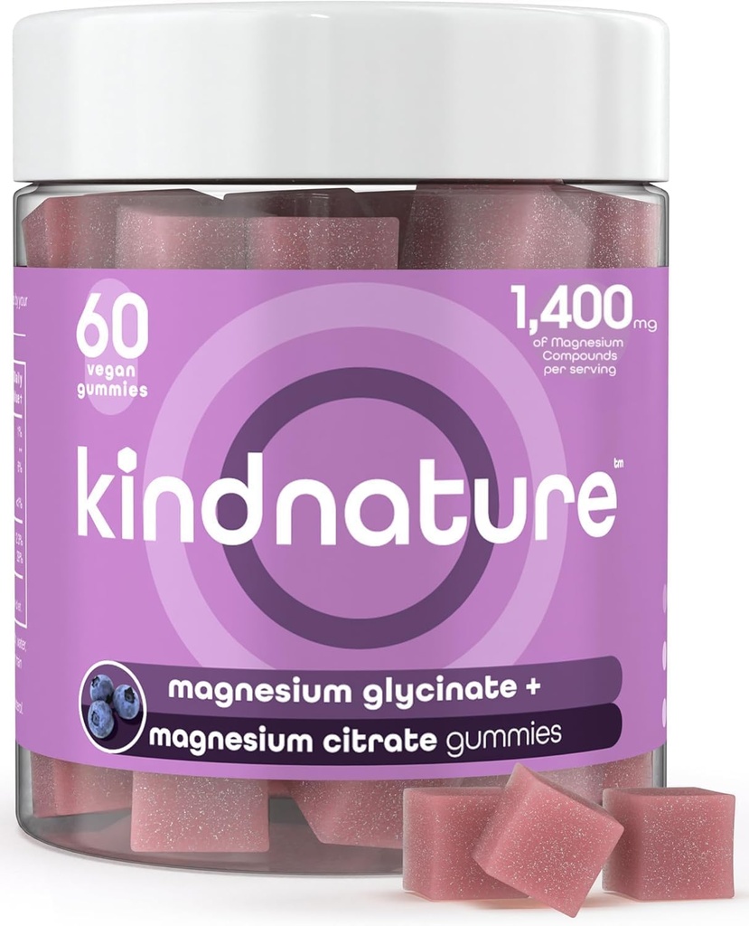 KINDNATURE Magnésium Glycinate & Citrate Gommies – Complexe de Magnésium Calme pour le sommeil, le stress, les crampes et la digestion – Supplément de Magnésium végétalien à croquer pour les femmes, les adolescents, les adultes – 60 Ct