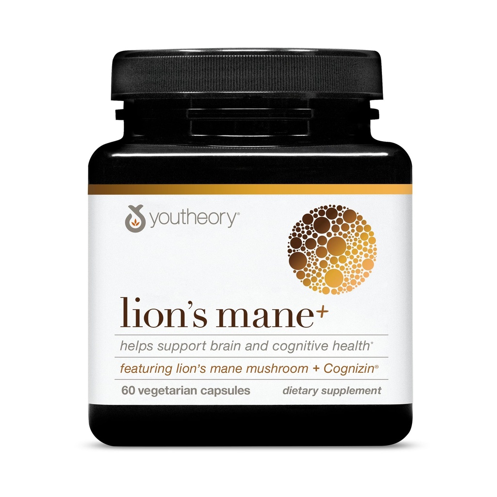 Youtheory Lion's Mane Plus - Supplément de champignons avec Cognizin - Offre Focus & Cerveau Support* - 60 Capsules végétariennes