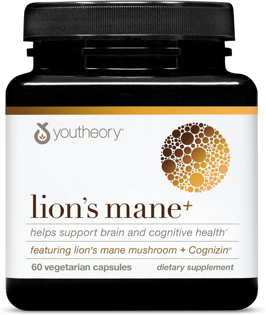 Youtheory Lion's Mane Plus - Mushroom Supplement with Cognizin - Offers Focus & Brain Support* - 60 Vegetarian Capsules