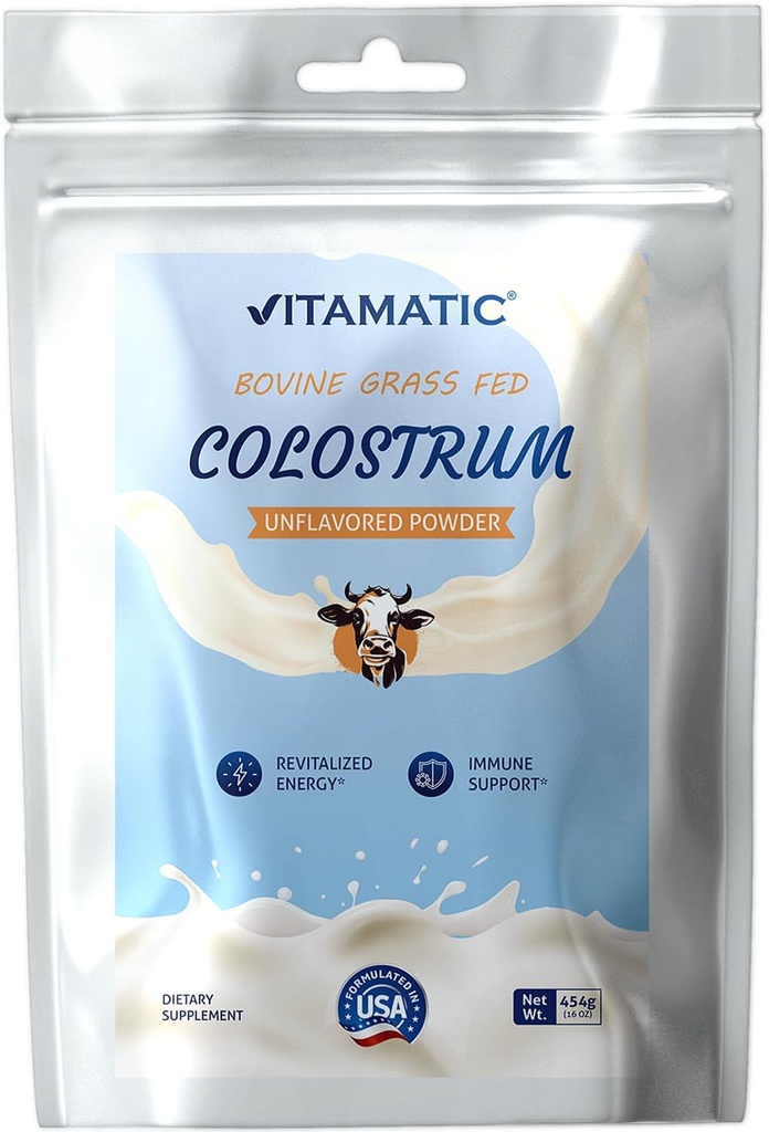 Vitamatic Bovin Colostrum 30% IgG Poudre 16 OZ (454 Gram) - Supplément pour la santé de Gut, la croissance des cheveux, la beauté, la récupération musculaire, et le soutien immunitaire - Facile à mélanger - (non aromatisé)