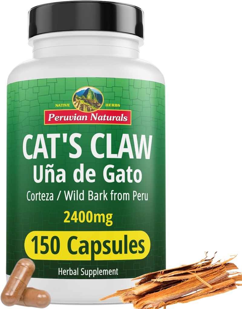 Péruvien Naturals Cat's Claw Herbal Supplement 150 Capsules - Uña de Gato 2400mg de végétalien, 100% naturel Cats Claw Bark Grown au Pérou, Non-OGM, Uncaria Tomentosa UNA de Gato