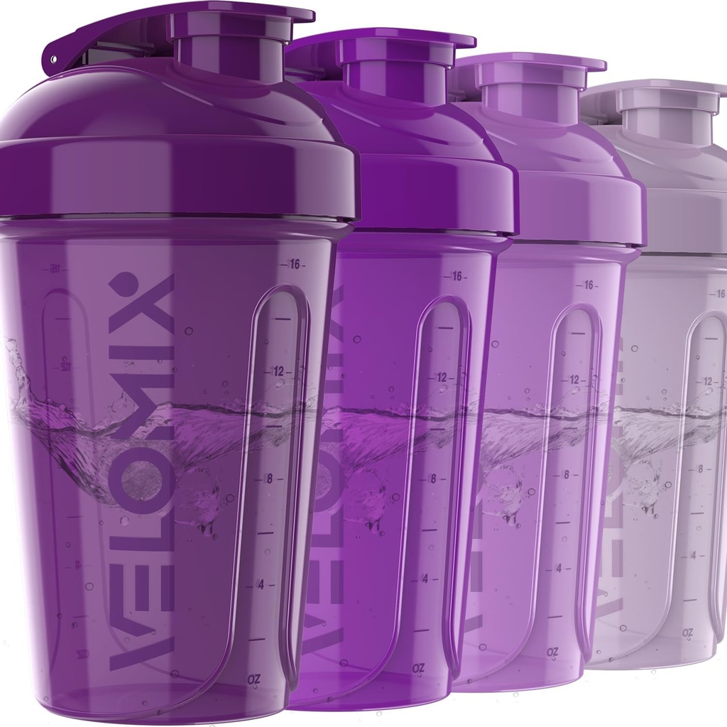 VELOMIX -4 PACK- 20 OZ Bouteilles de shaker pour les mélanges de protéines, tasses de shaker pour les shakes de protéines, petit pack de shaker, tasse de shaker, shakers pour les shakes de protéines (Purple Bloom)