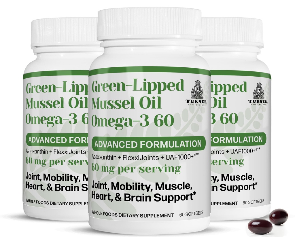 TURNER New Zealand Green Lipped Omega-3 Mussel Oil, 53x Plus grande puissance avec UAF1000+ Super Antioxydant. Sans arrière-goût de poisson, 3 bouteilles, 180 Softgels
