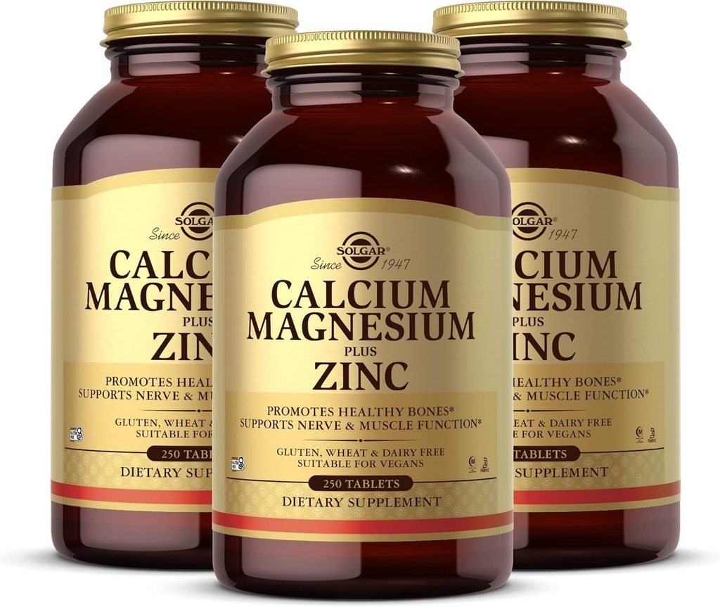Solgar Calcium Magnésium Plus Zinc - 250 comprimés, paquet de 3 - favorise des os sains, soutient la fonction nerveuse et musculaire - non-OGM, végétalien, sans gluten - 250 portions totales