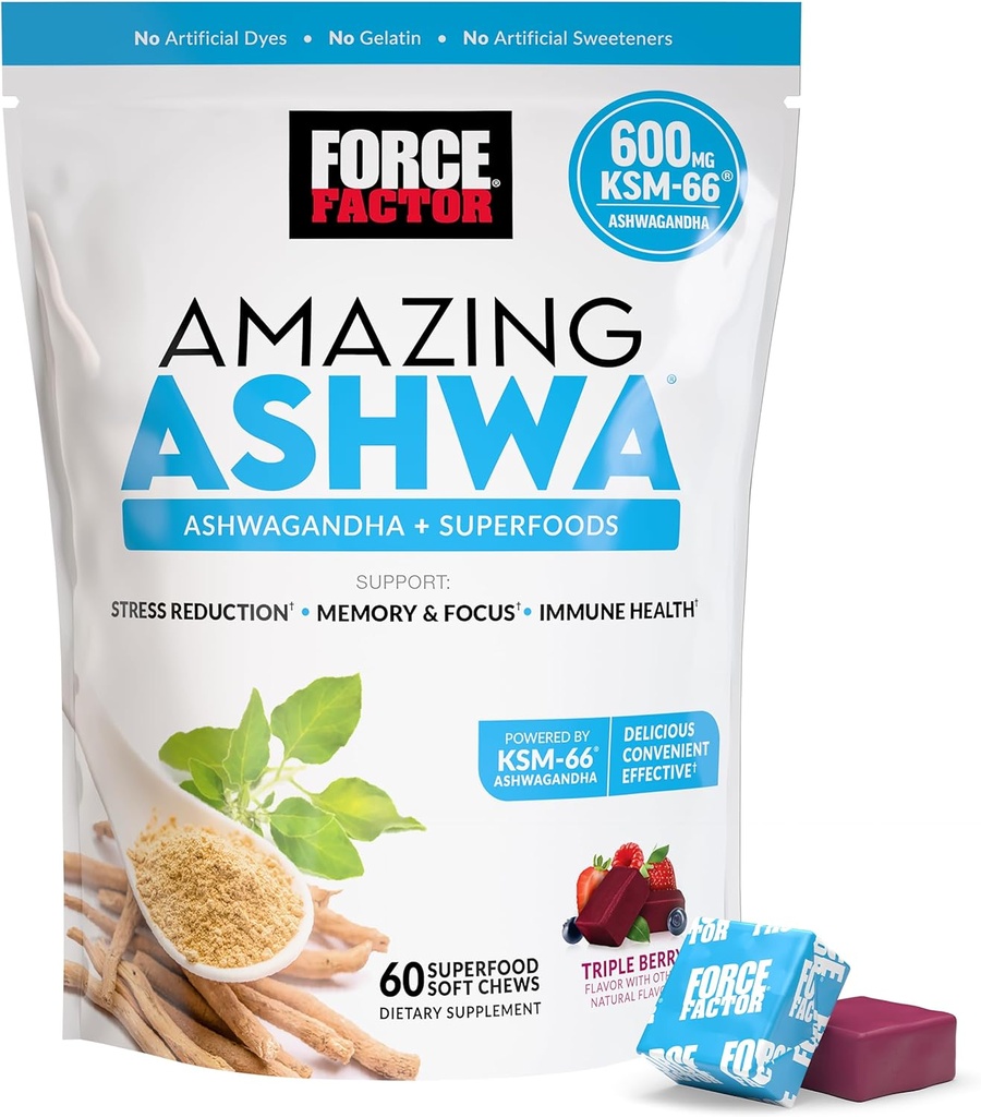 Force Factor Amazing Ashwa pour le soulagement du stress, la mémoire, le focus et le soutien immunitaire santé, Ashwaganda supplément avec KSM-66 Ashwagandha pour le stress, 60 Chews doux