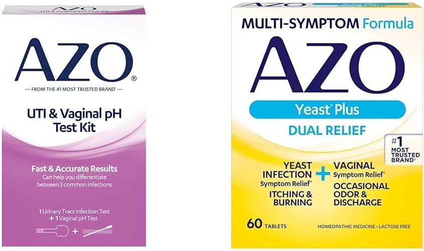 AZO Bande de test de l'infection urinaire par le trac + trousse de test du pH vaginal + comprimés de soulagement de l'infection à levure et des symptômes vaginaux, 60 Nombre