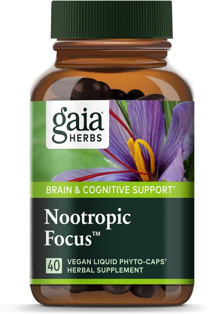 Gaia Herbes Nootropic Focus - Supplément de soutien cognitif et cerveau pour aider à maintenir une concentration saine* - avec Safran, Lemon Baume & Spearmint - 40 Phytocapsules liquides (jusqu'à 20 jours d'approvisionnement)