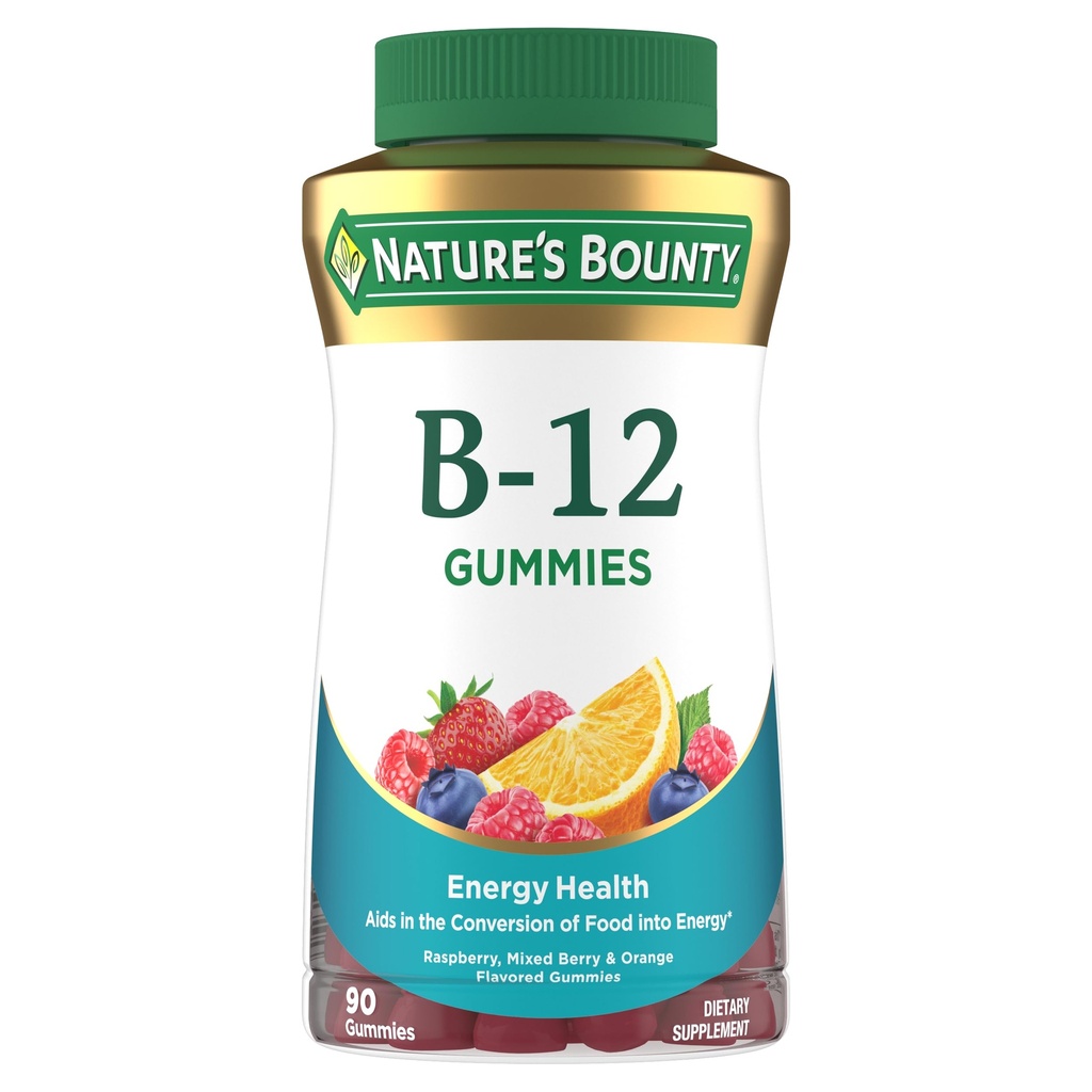 Nature's Bounty Vitamine B12 Gummies, complément alimentaire, soutient le métabolisme de l'énergie et la santé du système nerveux, mélange d'arôme de baie, 500mcg, 90 Gummies