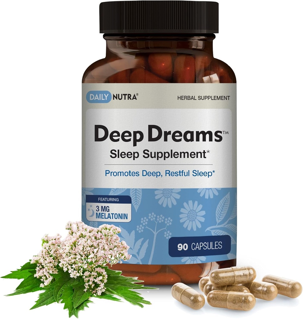 Rêves profonds ~ Supplément de sommeil naturel - favorise un sommeil profond et reposant - Mélange de mélatonine, de L-Tryptophane, d'apigenine, de valériane, de camomille et de fleur de passion (90 capsules)