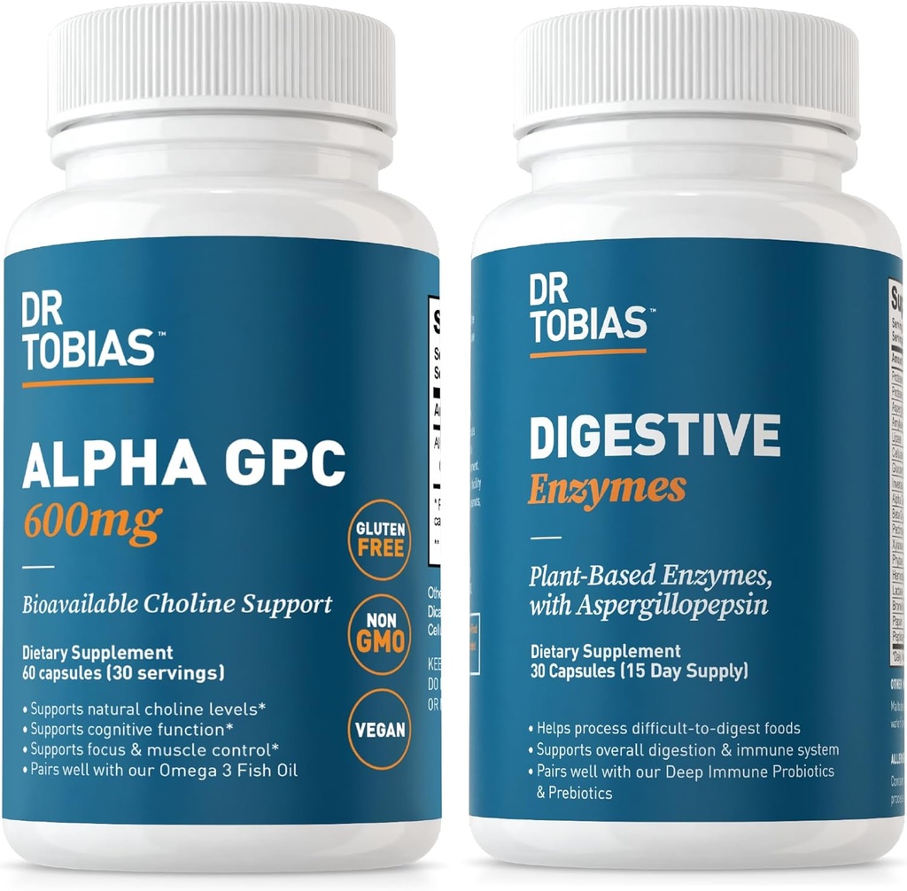 Dr Tobias Alpha GPC & Enzymes Digestifs - Soutien Fonction cognitive et Santé Gut quotidien avec Supplément Choline Biodisponible et Enzymes Premium pour Digestion, Non-OGM