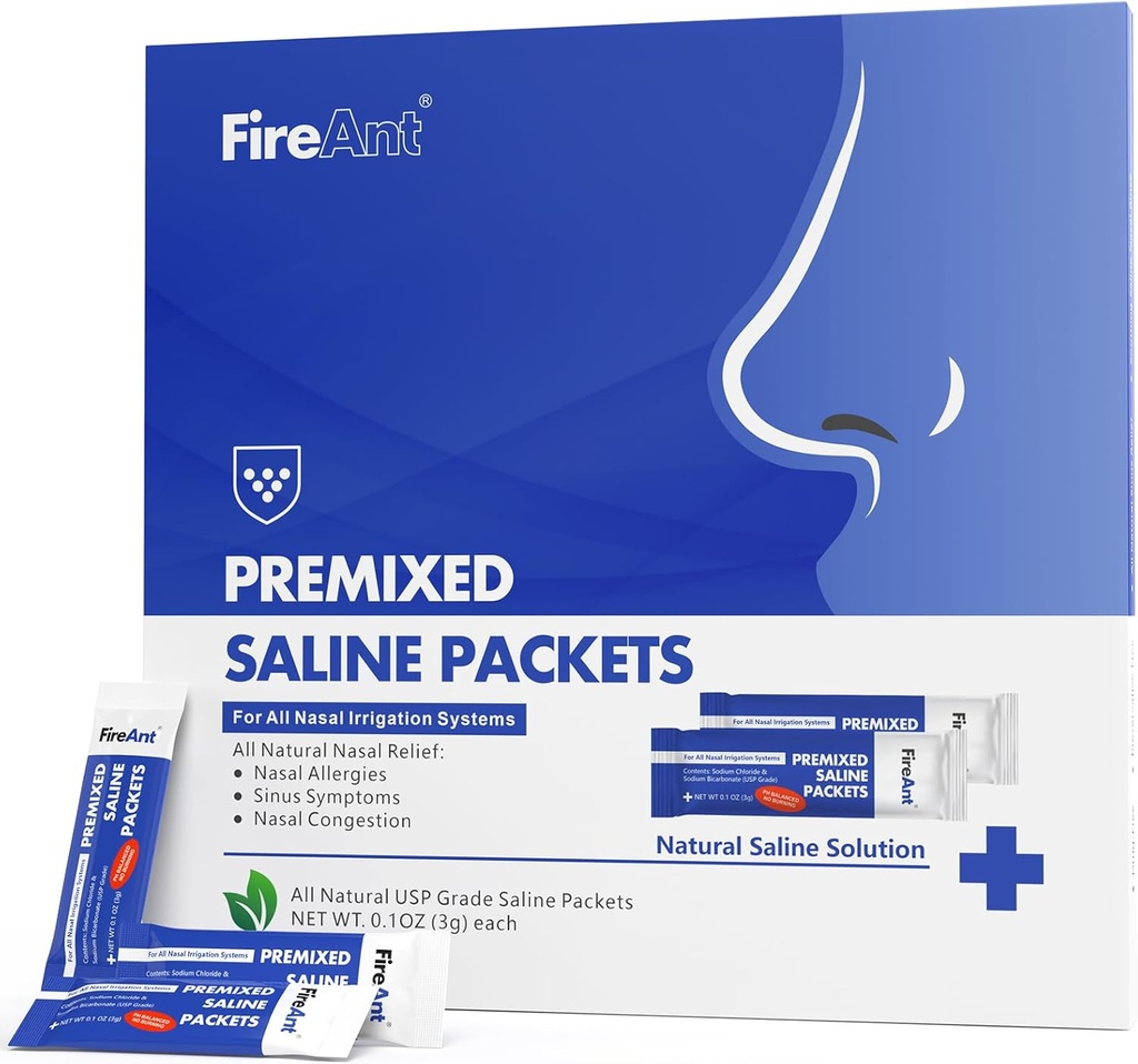 FireAnt Saline Packets pour Sinus Rinse, 100 Neti Pot Salt Packet pour Nasal Rinse, Sinus Rinse Packets pour système d'irrigation nasale, PH Balanced - Slate Blue