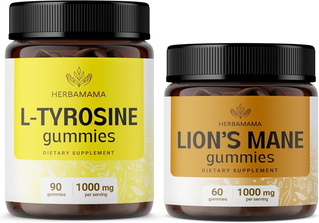 HERBAMAMA L-Tyrosine et Lion's Mane Kit - Ensemble de 1000 mg L-Tyrosine et 1000 mg Lion's Mane Gummies - Vegan, non-OGM, sans gélatine - 2 Pack
