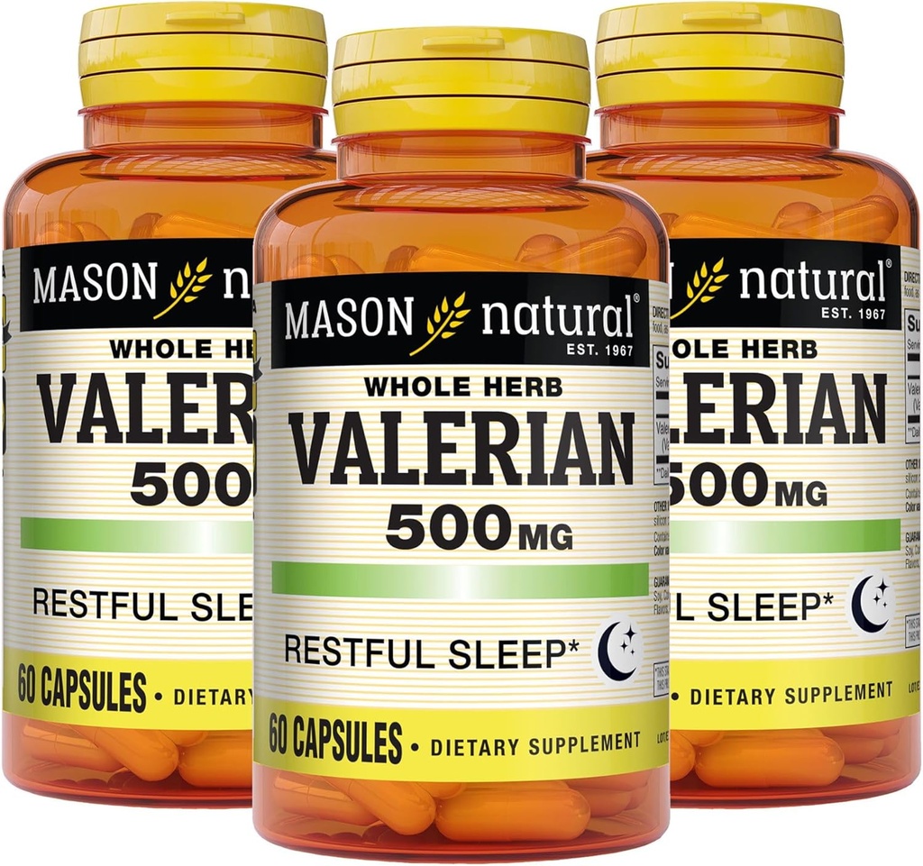 MASON NATURAL Root valérian 500 mg, 6 mois d'approvisionnement, aide naturelle au sommeil, favorise le sommeil sain et reposant, supplément à base de plantes, 3 paquets