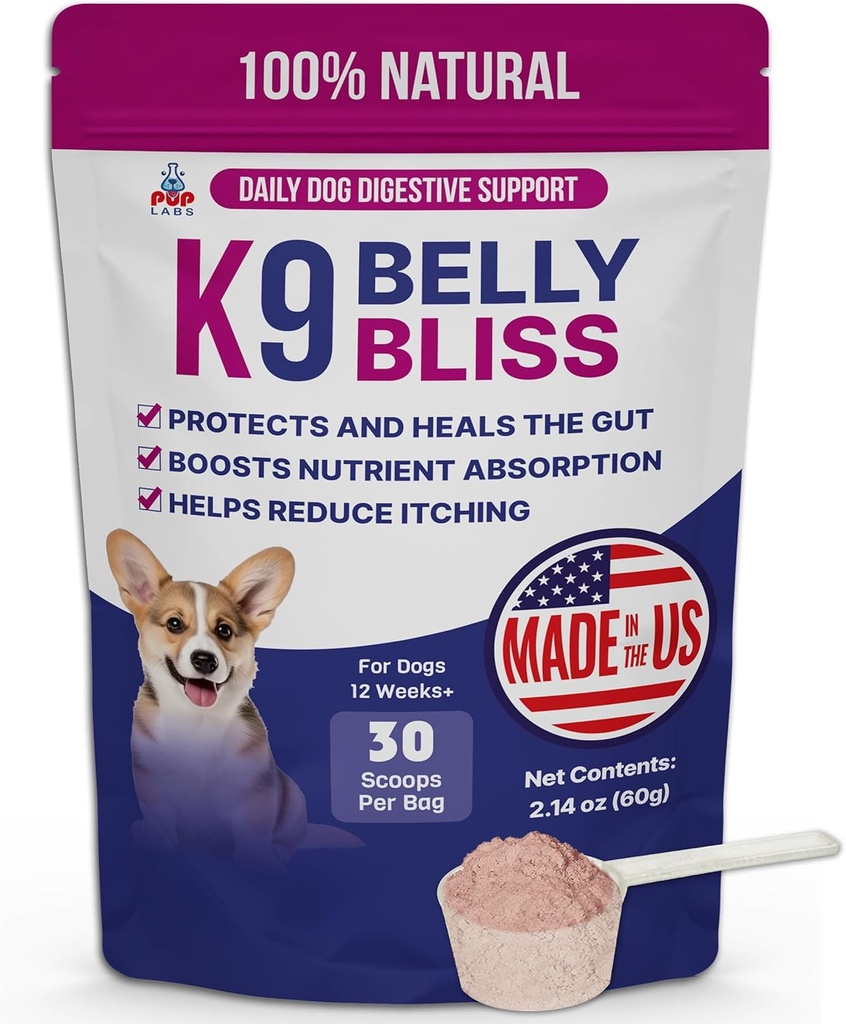 K9 Belly Bliss, All-Natural Gut Health for Dogs, prébiotique approuvé pour les chiens pour le soutien digestif quotidien et le soulagement de la constipation des chiens, facile à utiliser pour les aliments secs et humides, 30 scoops.