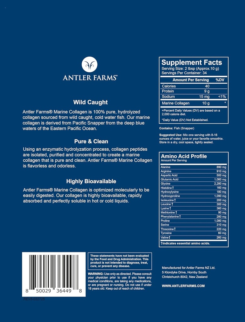 Fermes Antler - 100% pur, propre en poudre de collagène marin de l'épervier sauvage du Pacifique, 12 oz – soluble dans les liquides chauds ou froids, hautement biodisponible, absorption rapide, sans goût ni odeur