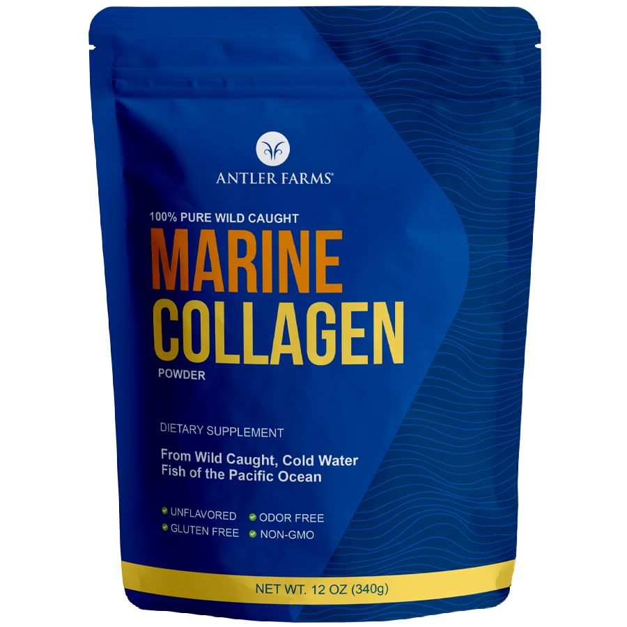 Fermes Antler - 100% pur, propre en poudre de collagène marin de l'épervier sauvage du Pacifique, 12 oz – soluble dans les liquides chauds ou froids, hautement biodisponible, absorption rapide, sans goût ni odeur