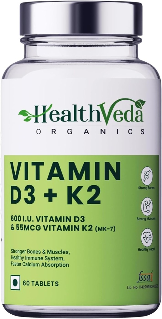Organics Vitamin D3 (600 IU) + Vitamin K2 as MK7 Supplement (55mcg) | 60 Veg Tablets | Supports Healthy Bones, Boosts Immune System & Joint Health | for Men & Women