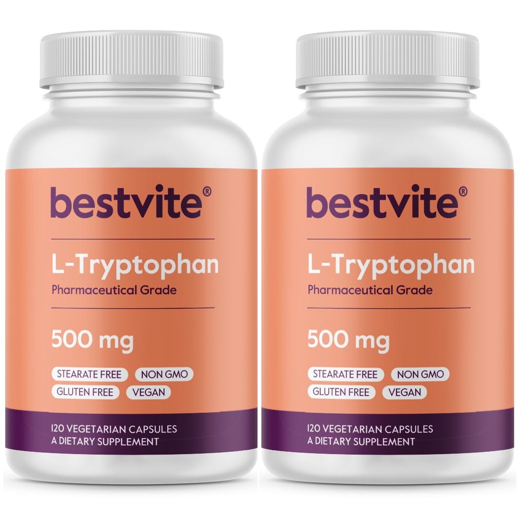 BESTVITE L-Tryptophan 500mg per Capsule (240 Vegetarian Capsules) (2-Pack) - No Stearates - No Silica - No Gelatin - Vegan - Gluten Free - Non GMO