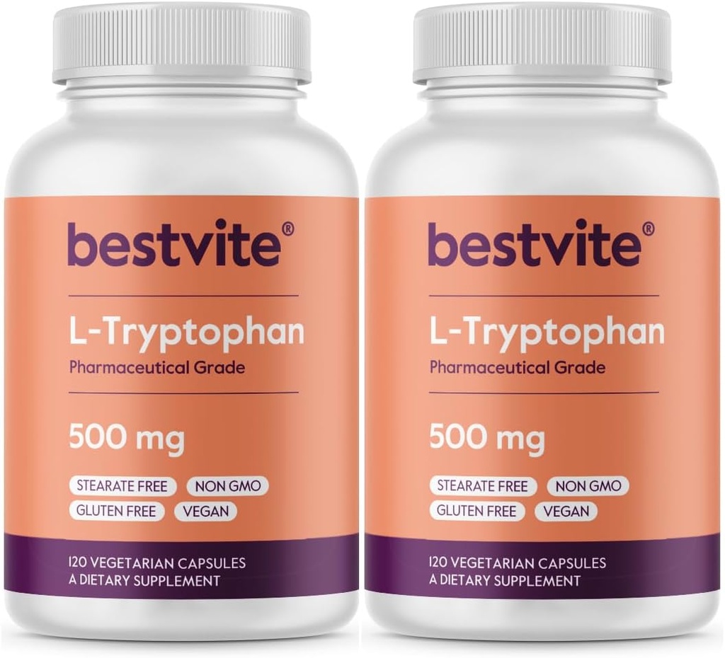 BESTVITE L-Tryptophane 500 mg par gélule (240 gélules végétariennes) (2 boîtes) - Pas de stéarate - Pas de silice - Pas de gélatine - Vegan - Sans gluten - Non OGM