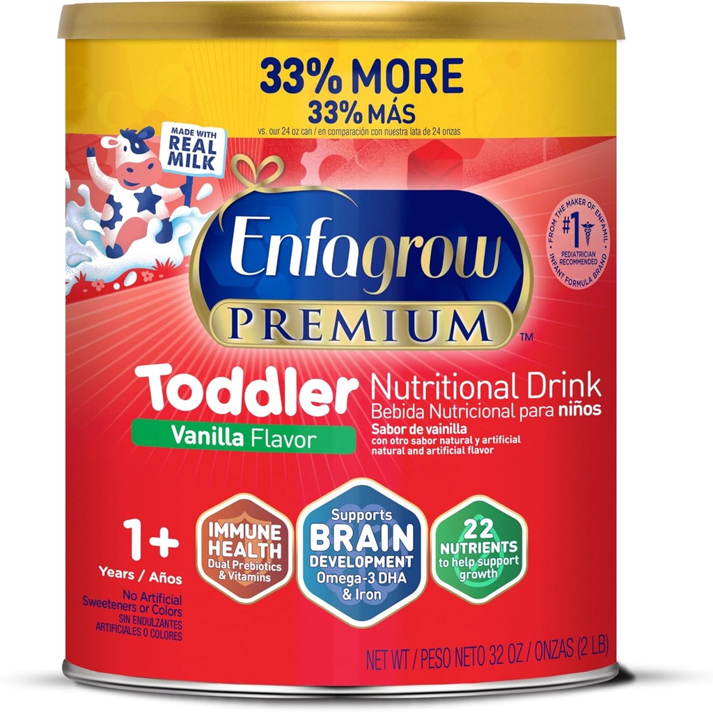 Enfagrow Premium Toddler boisson nutritionnelle, vanille naturelle, Omega-3 DHA pour le soutien du cerveau, prébiotiques et vitamines pour la santé immunitaire, non-OGM, boîte de poudre, 32 Oz (paquet de 1
