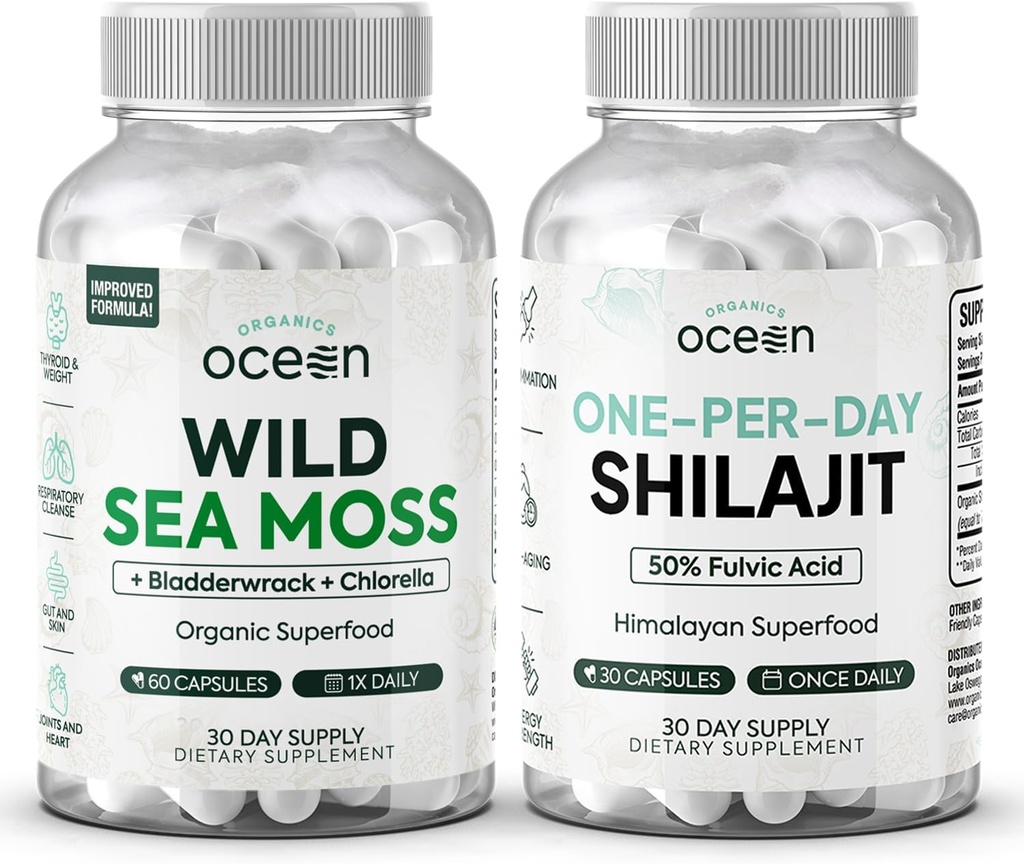 Organics Ocean Wild Sea Moss Capsules and One-per-Day Shilajit for Men and Women - 100% Irish Sea Moss and Pure Shilajit Capsules - Thyroïde Support for Women and Men