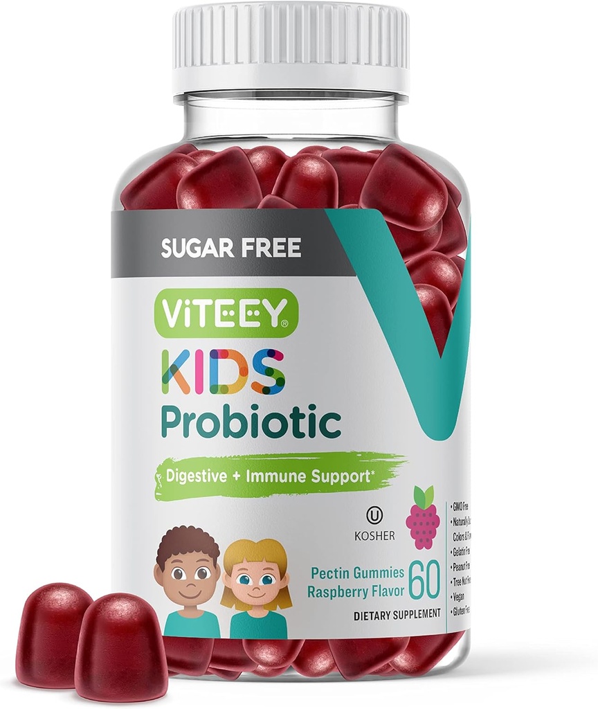 Gummies probiotiques Viteey pour les enfants - 2 milliards d'UFC - Probiotiques Protection contre la constipation des enfants, Immune naturelle et soutien de la santé digestive - Vegan, sans gélatine, sans OGM - Saveur de framboise croustillante