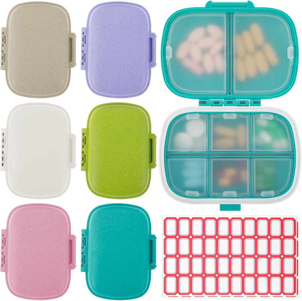 6 Pack Travel Pill Organizer 8 Compartiments Portable Pill Case avec étiquette Petit contenant de pilules pour poche Purse Medicine Dispenser de stockage Porte-vitamine imperméable