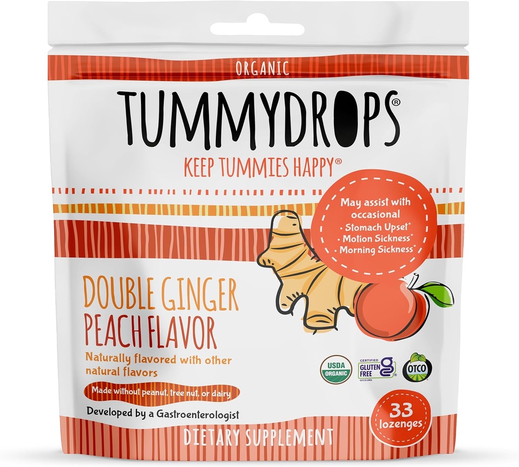 Tummydrops USDA Organic Double Ginger Peach, 33 lozenges