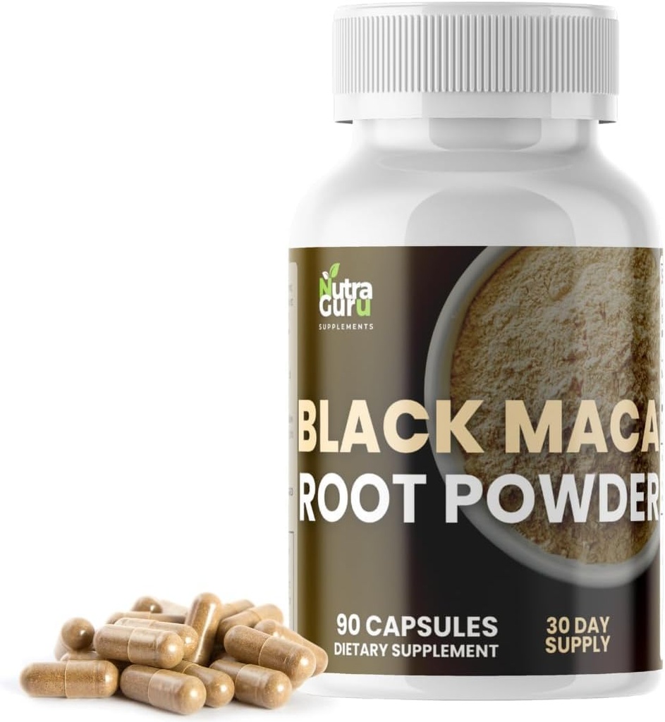 Supplément de racine de Maca noir - 90 capsules de racine de Maca végétalien pour le soutien énergétique, équilibre d'humeur, focalisation mentale, amélioration de la mémoire