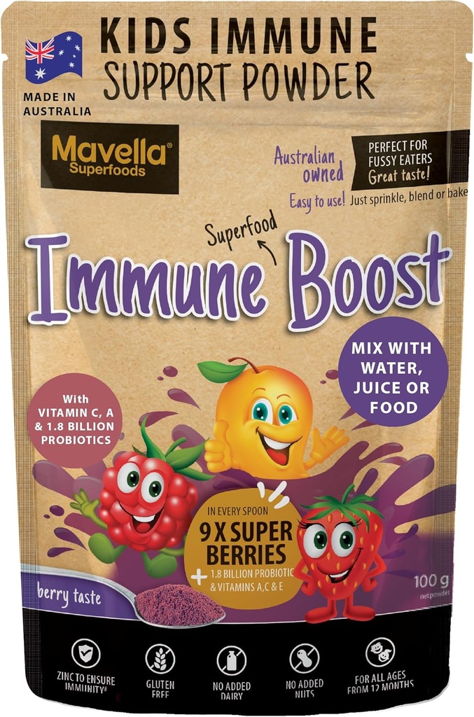 Poudre de soutien immunitaire pour enfants - Immune Boost avec vitamine C A + E, magnésium et probiotiques pour avec 9 Superberries - Berry Taste Immunity Gummies Alternative 3,52oz (100g)