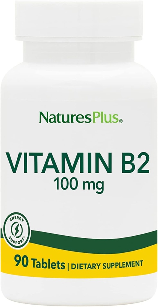 Natures Plus Vitamine B2 (Riboflavine) - 100 mg, 90 comprimés végétariens - Booster d'énergie naturelle et de métabolisme, favorise la santé générale - Sans gluten - 90 portions