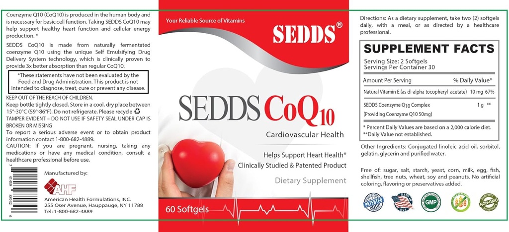 SEDDS® CoQ10 Supplément santé cardiovasculaire Ubiquinol, vitamine quotidienne pour la santé cardiaque et l'énergie (60 comte), softgel eau liquide à absorption élevée pour haute pression sanguine et cholestérol